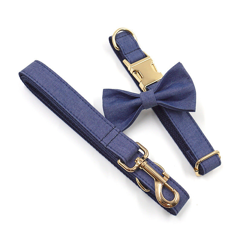 Lettering Deep Denim Gold Buckle Pet Collar Leash Bow Tie Suit