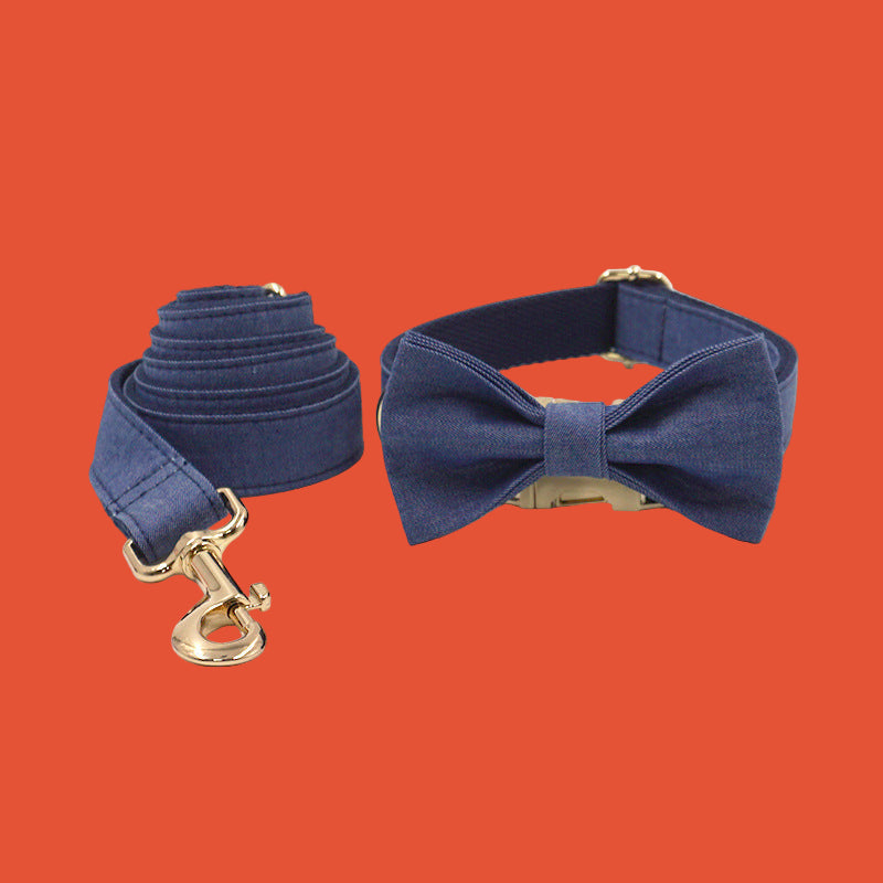 Lettering Deep Denim Gold Buckle Pet Collar Leash Bow Tie Suit