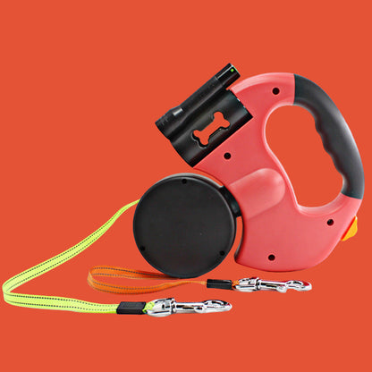 Dual Headed Pet Leashes with Flashlight Garbage Bag Box Automatic Retractable Dogs Traction Rope