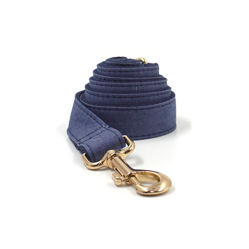 Lettering Deep Denim Gold Buckle Pet Collar Leash Bow Tie Suit