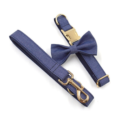 Lettering Deep Denim Gold Buckle Pet Collar Leash Bow Tie Suit